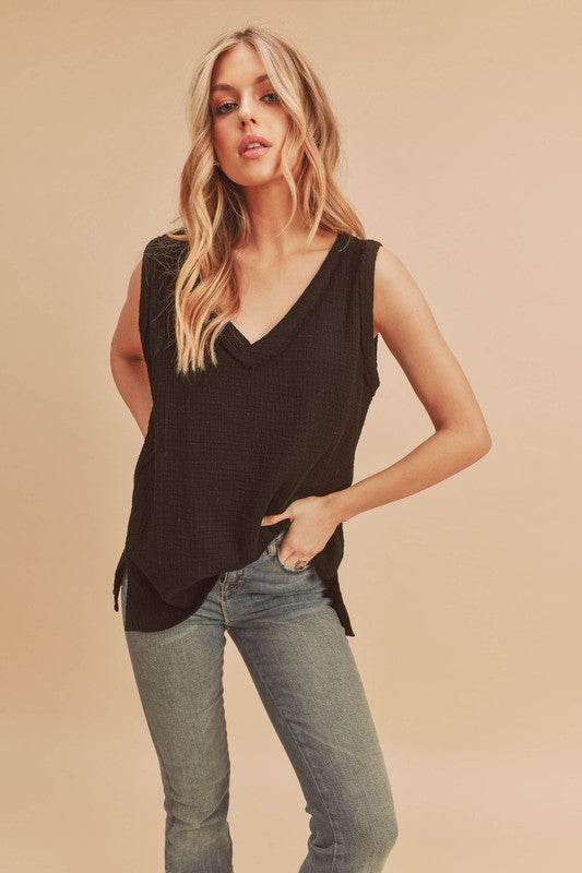 Aemi + Co V-Neck Wide Strap Tank in Black - us.meeeshop