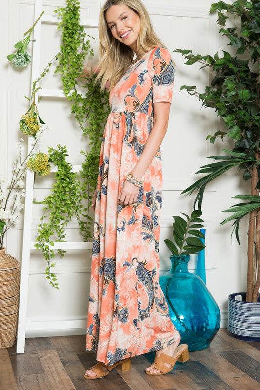 Celeste Paisley Print Short Sleeve Maxi Dress with Pockets - us.meeeshop