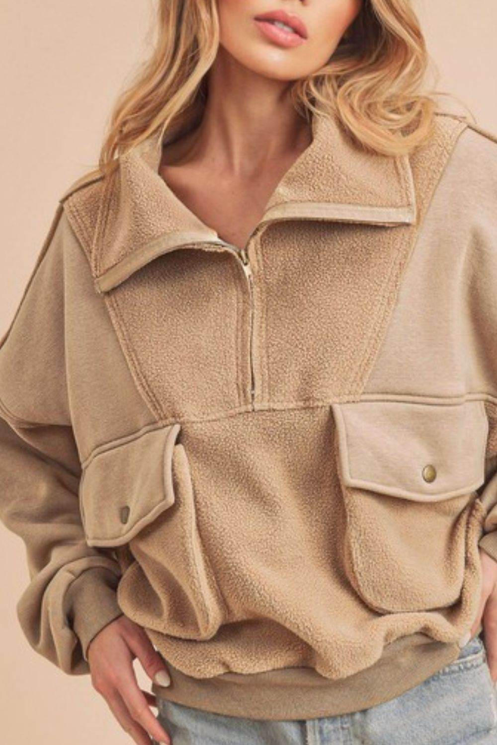 Aemi + Co Exposed Seam Half Zip Sweatshirt with Pockets in Oatmeal - us.meeeshop