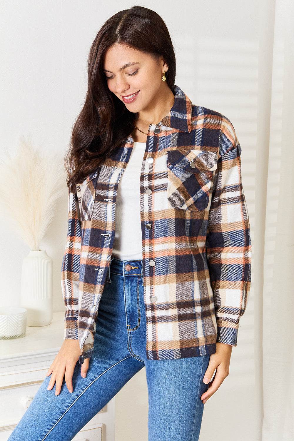 Plaid Button Front Shirt Jacket with Breast Pockets - us.meeeshop