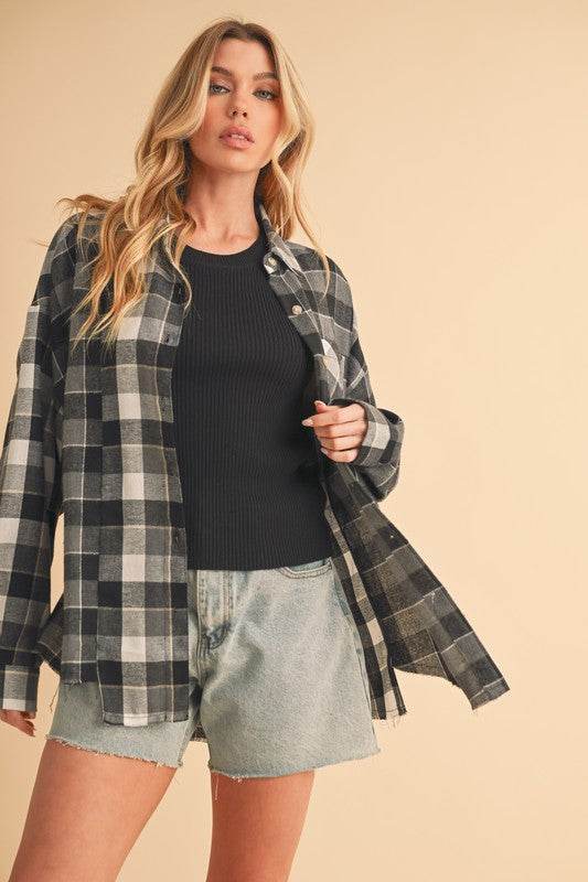 Aemi + Co Frayed Hem Plaid Button Up Flannel Shirt - us.meeeshop