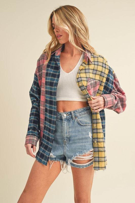 Aemi + Co Frayed Hem Color Block Plaid Drop Shoulder Shirt - us.meeeshop