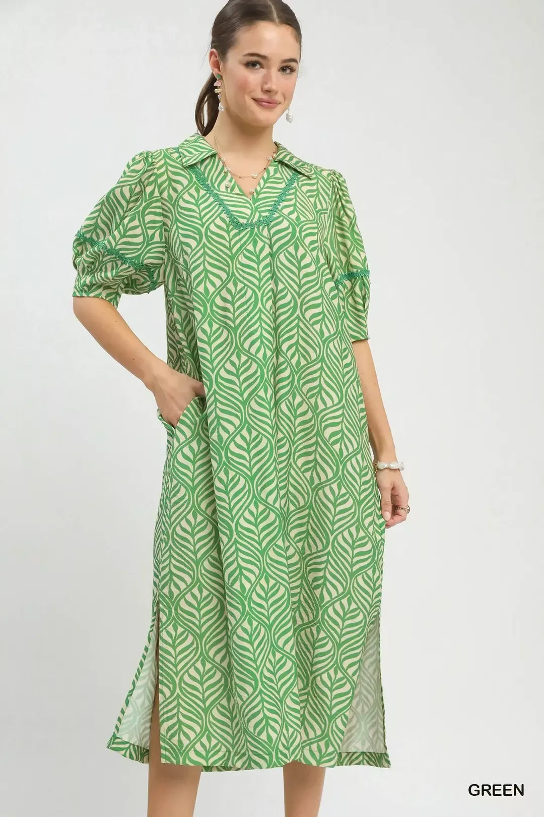 umgee printed puff Umgee Printed Puff Sleeve Midi Dress with Pockets view 5 (dress) - shop at us.meeeshop