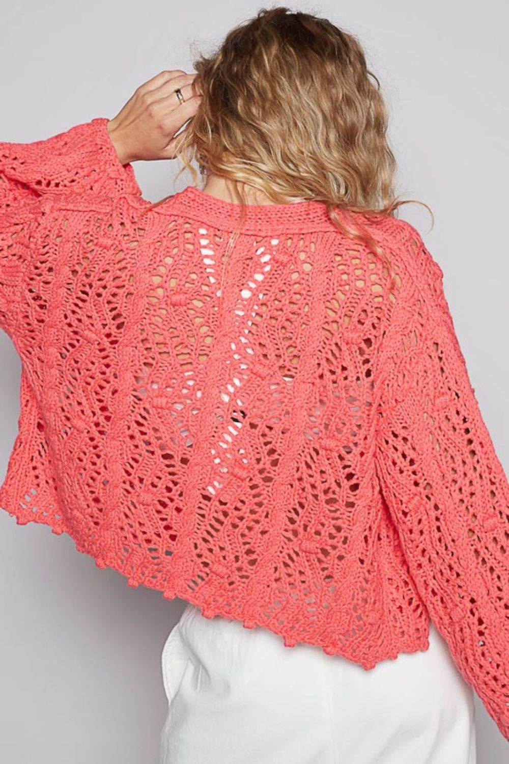 POL Cable-Knit Openwork V-Neck Button Up Cardigan in Strawberry - us.meeeshop