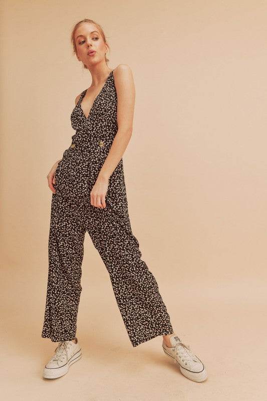 Aemi + Co Ditsy Floral Surplice Sleeveless Wide Leg Jumpsuit - us.meeeshop