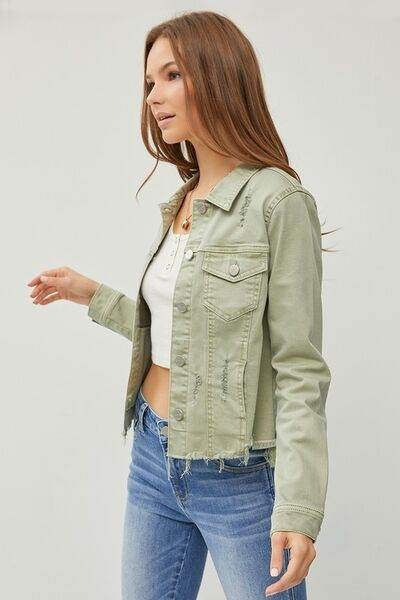 RISEN Raw Hem Button Up Cropped Denim Jacket Plus Size - us.meeeshop