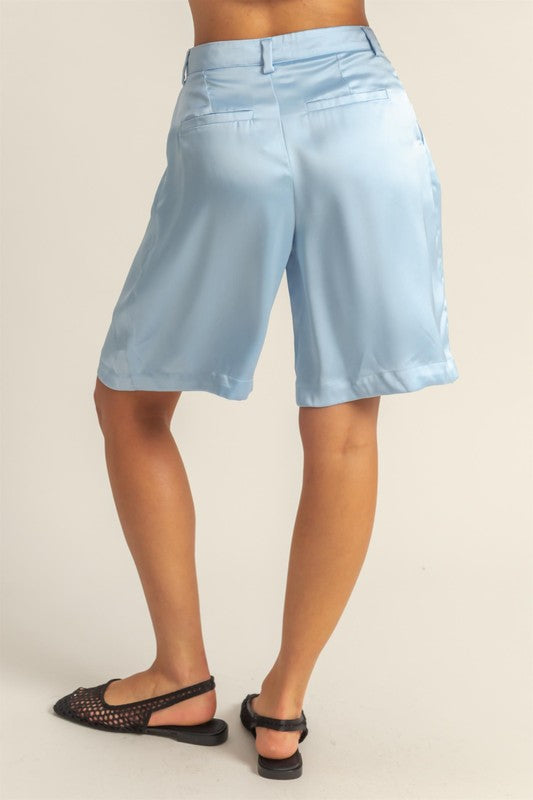 HYFVE High-Waist Pleated Satin Shorts in Pastel Blue - us.meeeshop