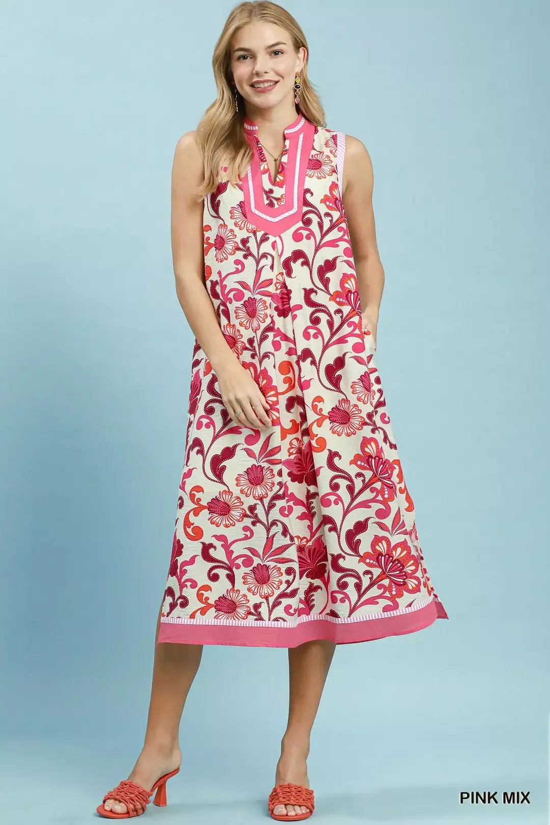 umgee floral scroll Umgee Floral Scroll Sleeveless Midi Dress PINK MIX (dress) - shop at us.meeeshop