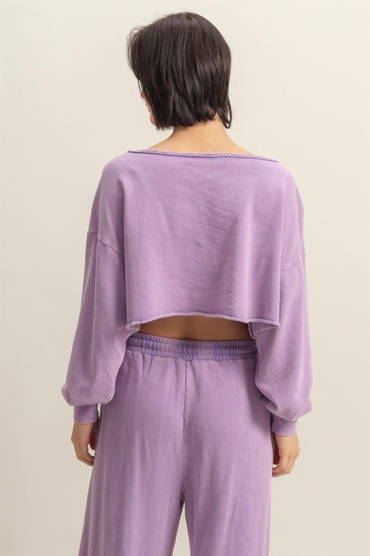 HYFVE Frayed Detail Boat Neck Long Sleeve Crop Top in Lilac - us.meeeshop