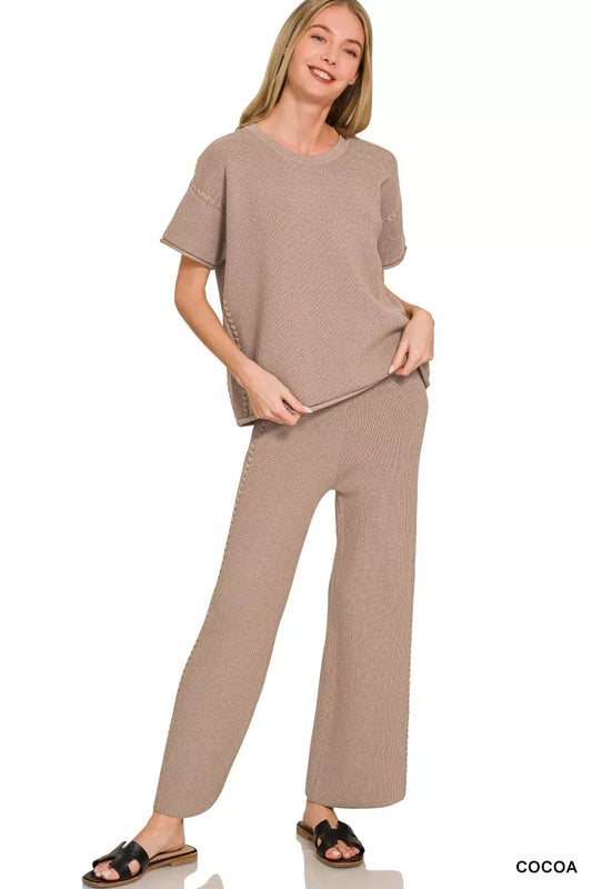 zenana viscose round Zenana Viscose Round Neck Top & Pants Set COCOA (top) - shop at us.meeeshop