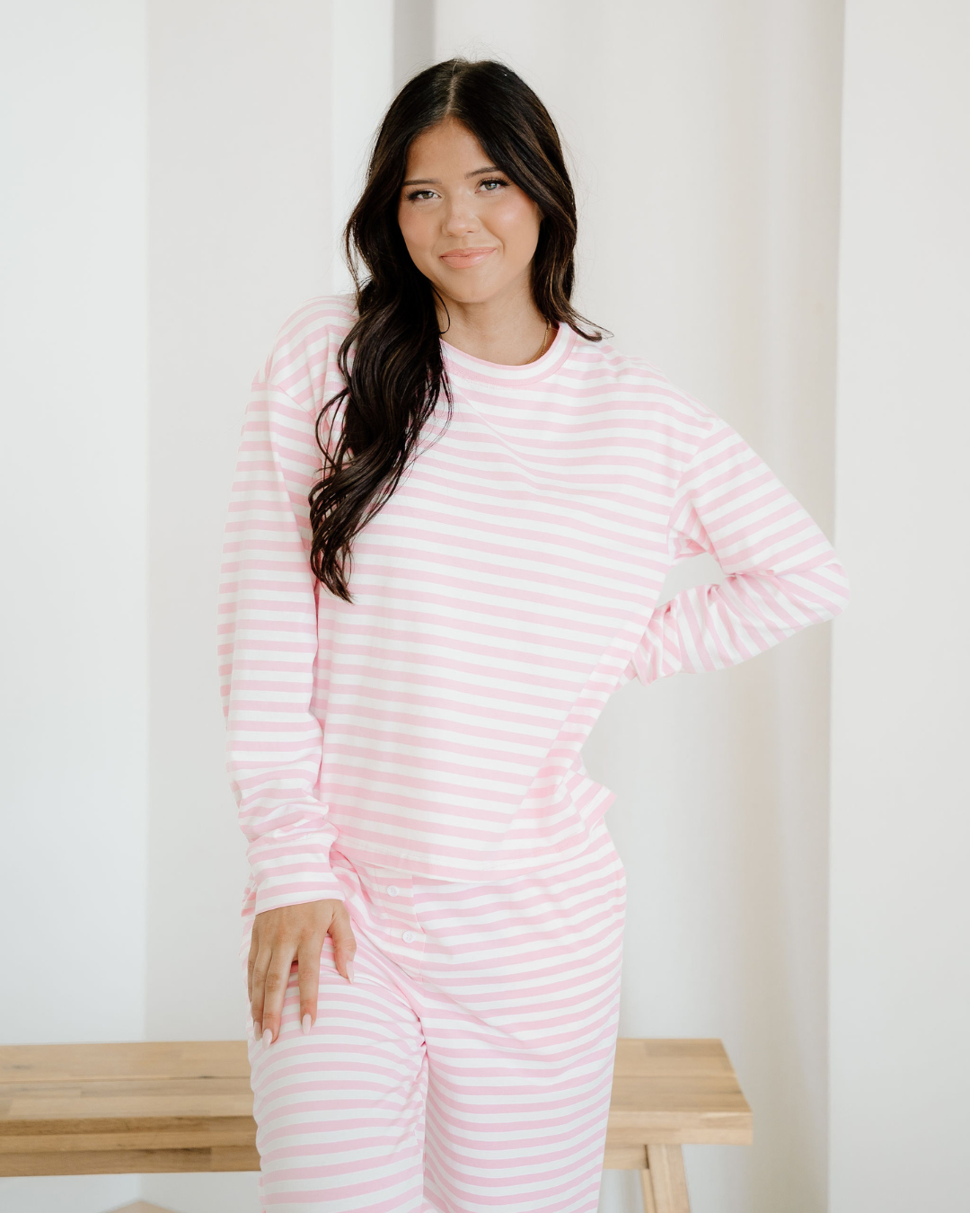 thea stripe drop Thea Stripe Drop Shoulder Round Neck Top and Buttoned Straight Pants Two Piece Set view 3 (top) - shop at us
