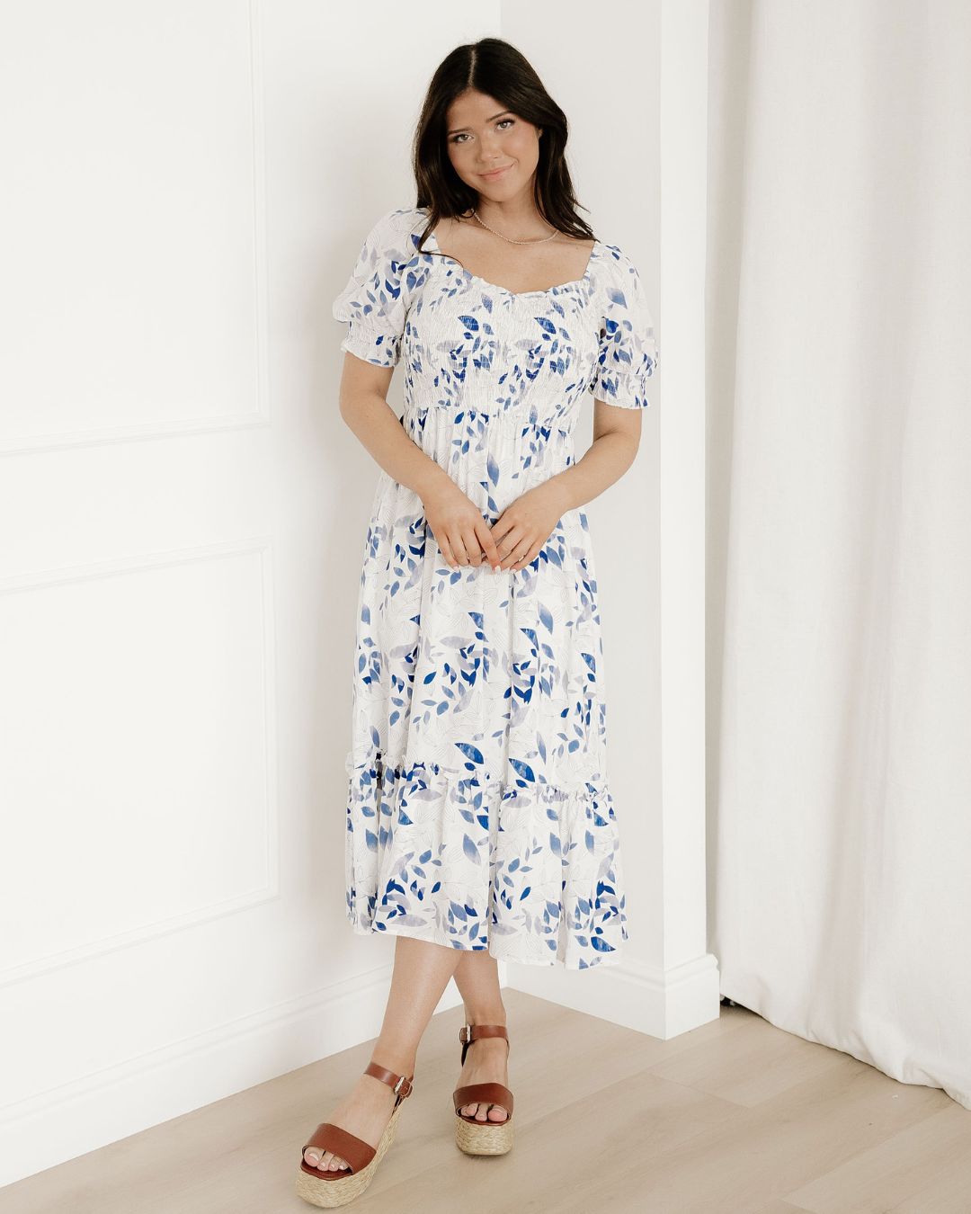 faith smocked bodice Faith Smocked Bodice Short Puff Sleeve Tiered Floral Midi Dress view 3 (dress) - shop at us.meeeshop