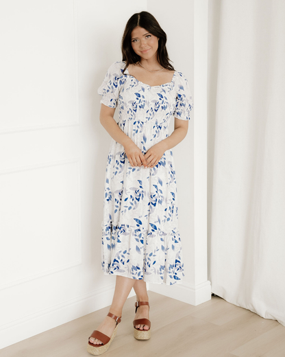 faith smocked bodice Faith Smocked Bodice Short Puff Sleeve Tiered Floral Midi Dress view 3 (dress) - shop at us.meeeshop