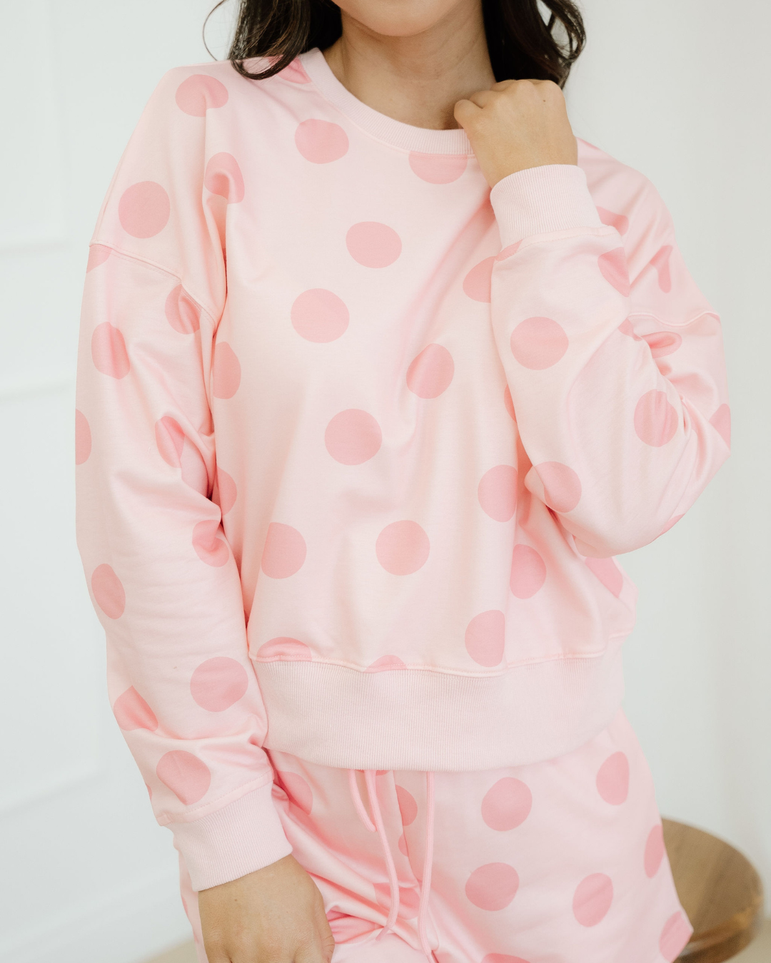 kaylee polka dot Kaylee Polka Dot Print Drop Shoulder Pullover Drawstring Shorts Set - Pink view 5 (bottom) - shop at us.meee