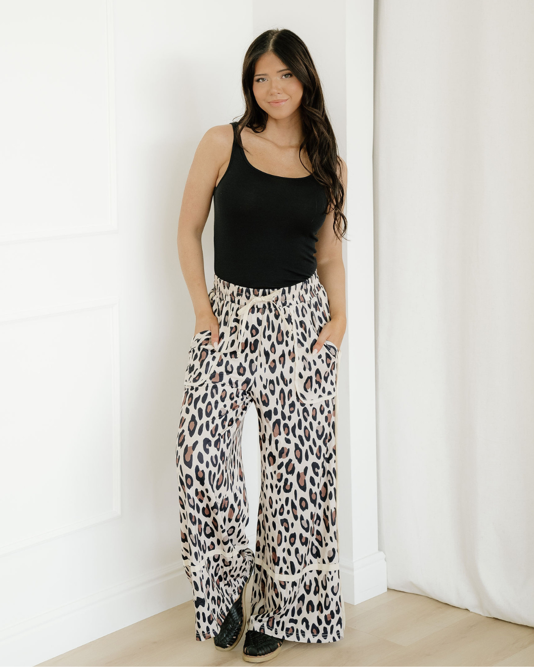 kahlani leopard drawstring Kahlani Leopard Drawstring Wide Leg Cropped Pants view 3 (bottom) - shop at us.meeeshop