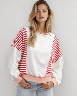 Sophie Striped Colorblock Patchwork Oversized Sweatshirt - Red