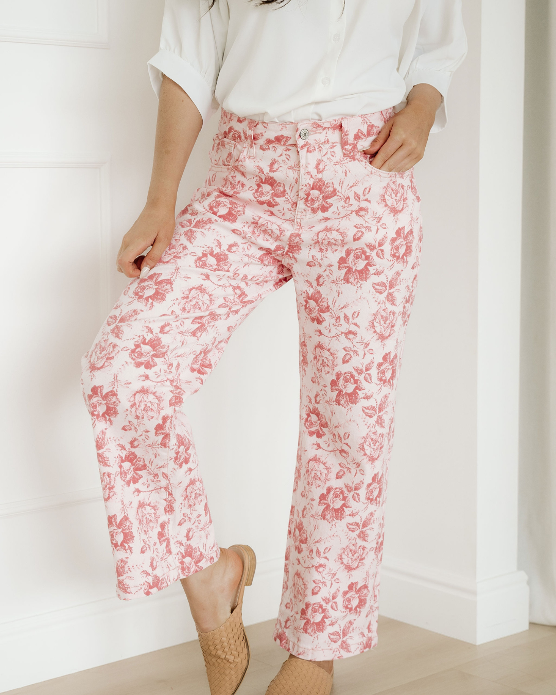 pink vintage floral Pink Vintage Floral Print Denim Shift Pants Pink (dress) - shop at us.meeeshop