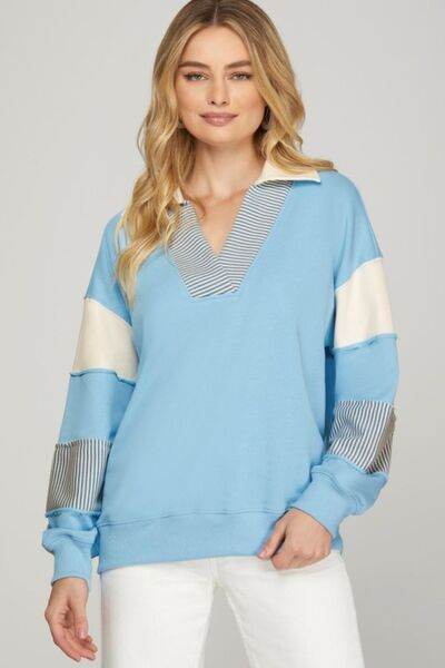 She + Sky Color Block Sleeve Johnny Collar French Terry Sweatshirt Plus Size - us.meeeshop