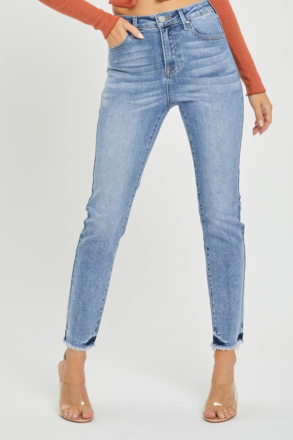 RISEN Full Size High Rise Frayed Hem Skinny Jeans | us.meeeshop