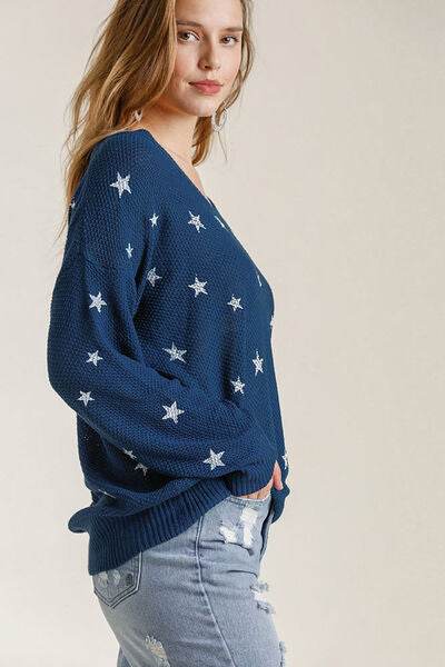 Umgee Star V-Neck Long Sleeve Sweater Plus Size - us.meeeshop