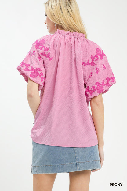umgee embroidered textured Umgee Embroidered Textured Flutter Sleeve Top view 3 (top) - shop at us.meeeshop