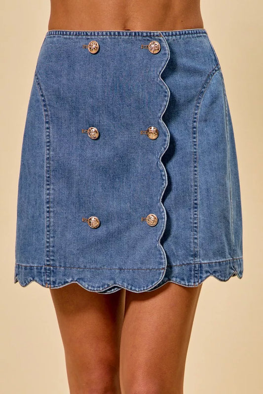 SO ME Denim Scalloped Buttoned Front Skirt (women's skirts) - shop at us.meeeshop