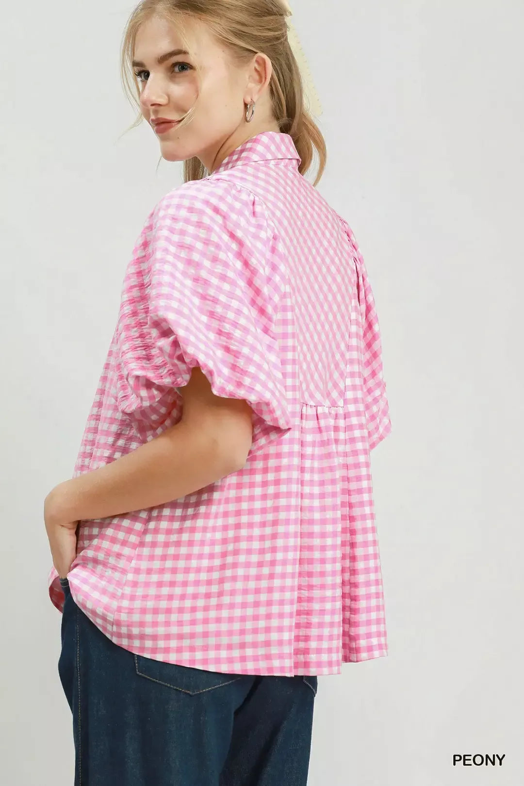 umgee smocked yoke Umgee Smocked Yoke Puff Sleeve Gingham Blouse view 3 (top) - shop at us.meeeshop