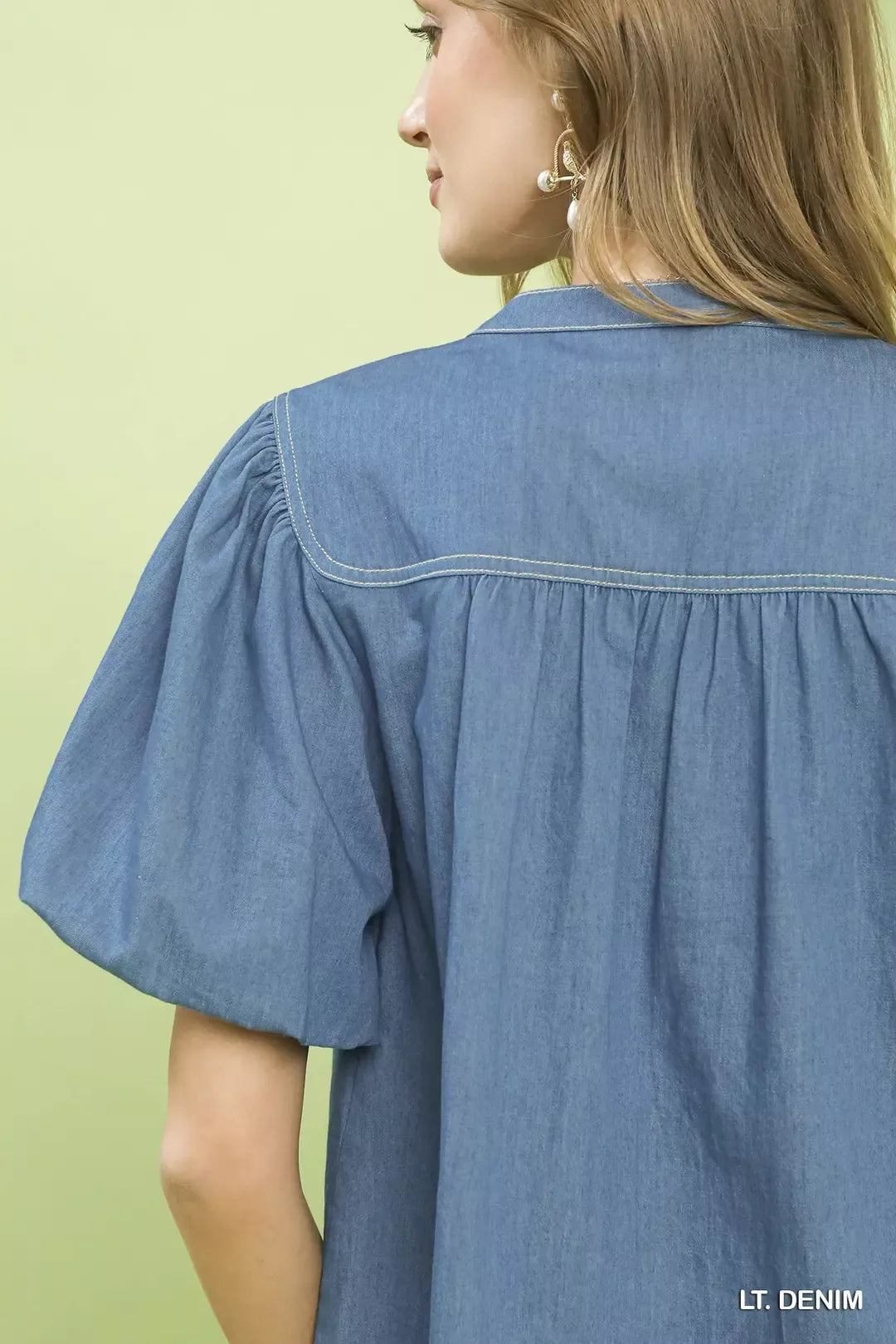 umgee denim button Umgee Denim Button Front Puff Sleeve Boho Blouse view 4 (top) - shop at us.meeeshop