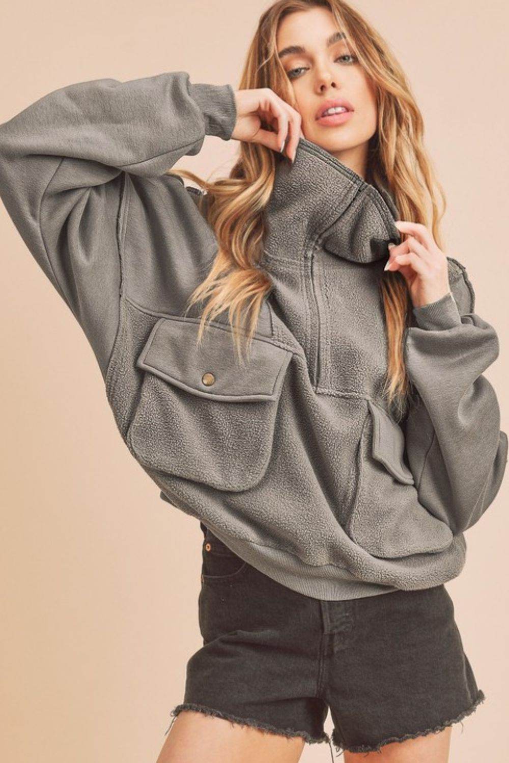 Aemi + Co Exposed Seam Half Zip Sweatshirt with Pockets - us.meeeshop