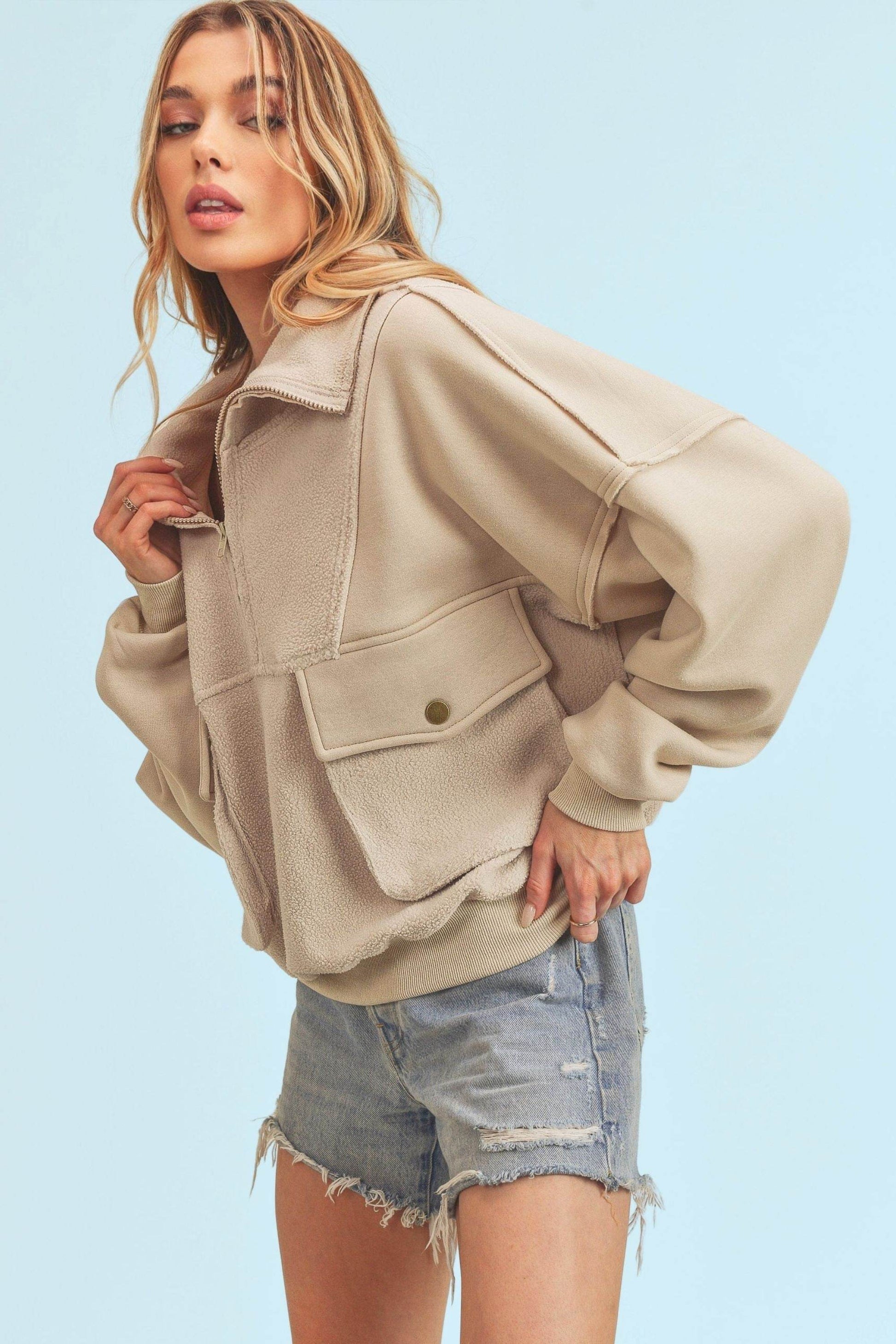 Aemi + Co Exposed Seam Half Zip Sweatshirt with Pockets - us.meeeshop