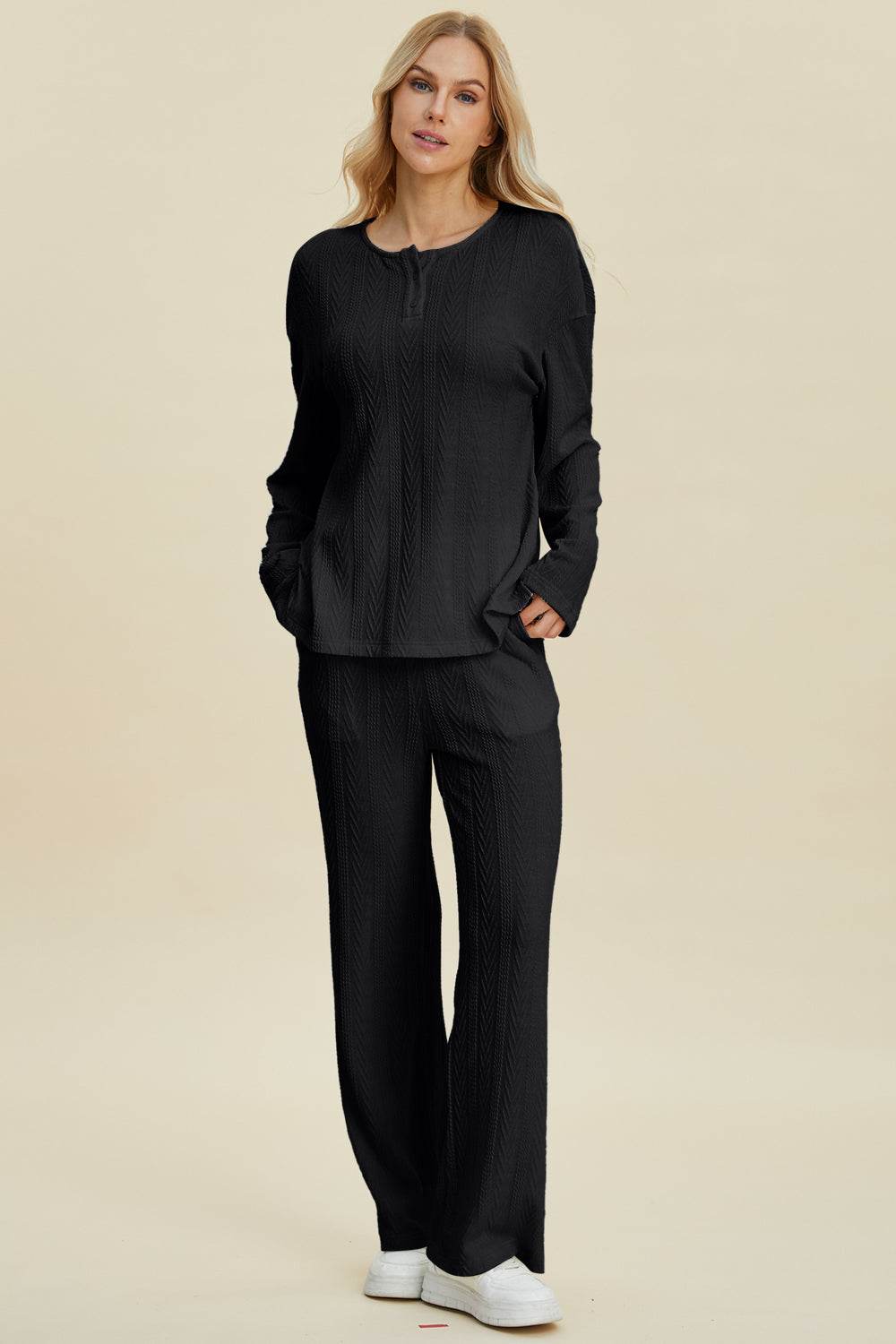 Double Take Full Size Cable-Knit Long Sleeve Top and Pants Set - us.meeeshop