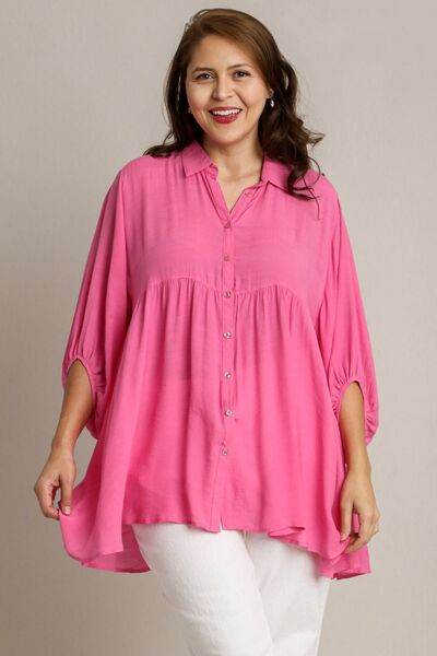 Umgee High Low Hem Back Tiered Button Down Shirt Plus Size - us.meeeshop