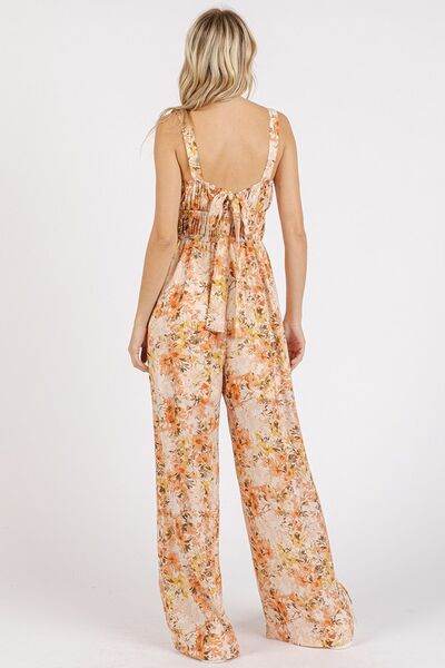 Mittoshop Flower Print Gathered Bust Sleeveless Jumpsuit - us.meeeshop