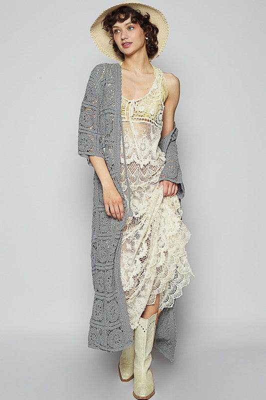 POL Tied Crochet 3/4 Sleeve Longline Cardigan in Dark Gray - us.meeeshop