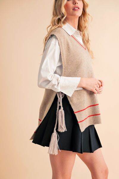 Aemi + Co Ribbed V-Neck Sweater Vest with Tassel - us.meeeshop