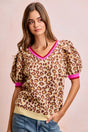 Bibi Leopard Pattern Puff Sleeve V-neck Sweater Top