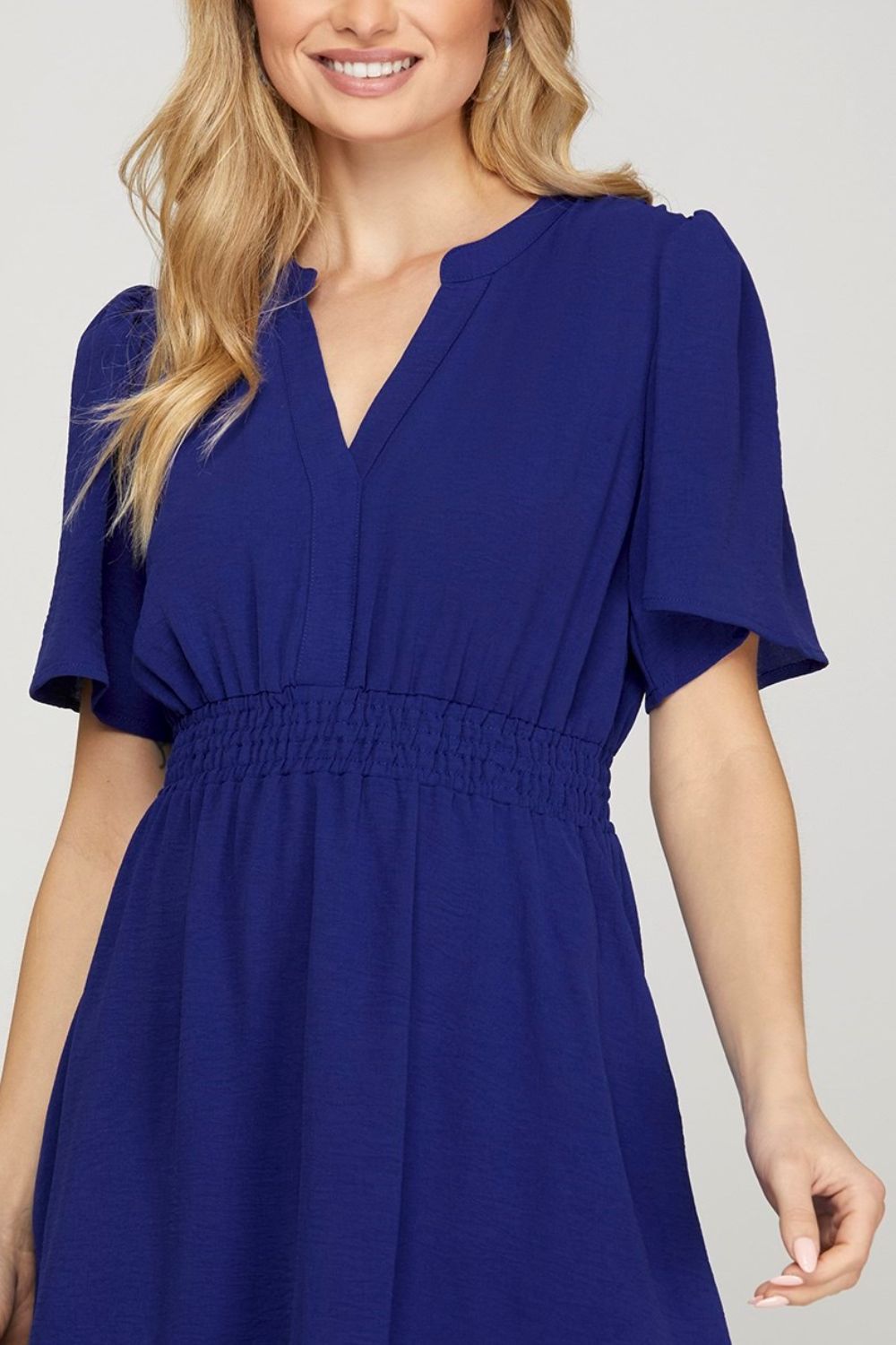 She + Sky Ruffled Hem Notched Flutter Sleeve Mini Dress in Navy - us.meeeshop