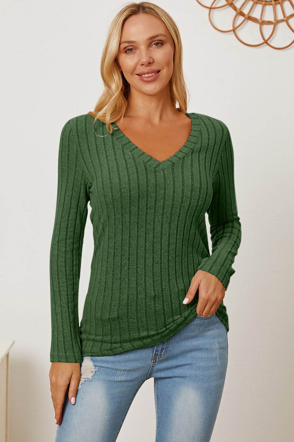 Basic Bae Ribbed V-Neck Long Sleeve T-Shirt - us.meeeshop