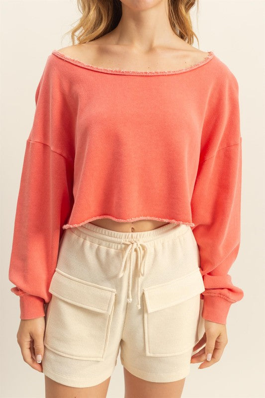 HYFVE Frayed Detail Boat Neck Long Sleeve Crop Top - us.meeeshop