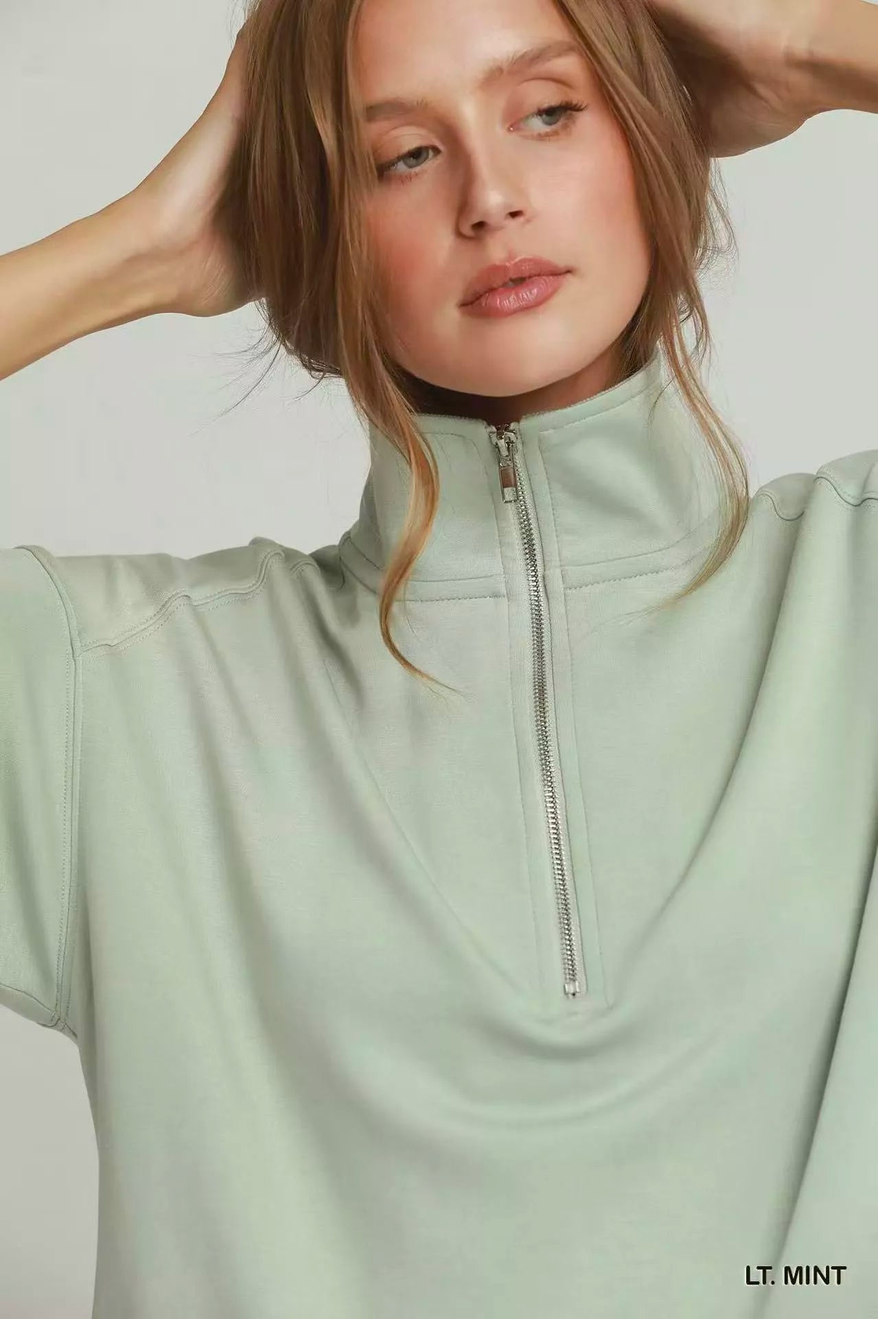 umgee half zip Umgee Half Zip Pullover with Scalloped Edge Hem view 4 (layer) - shop at us.meeeshop