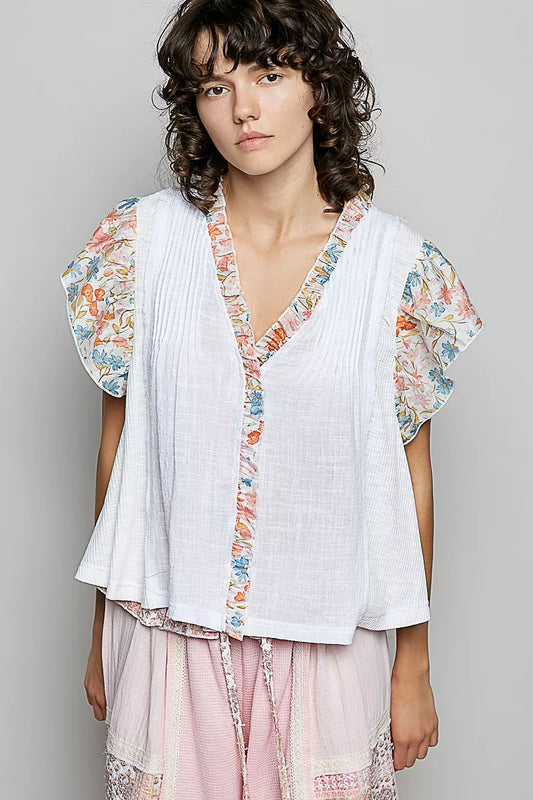 pol neck floral POL V-neck Floral Ruffle Sleeve Blouse view 2 (top) - shop at us.meeeshop