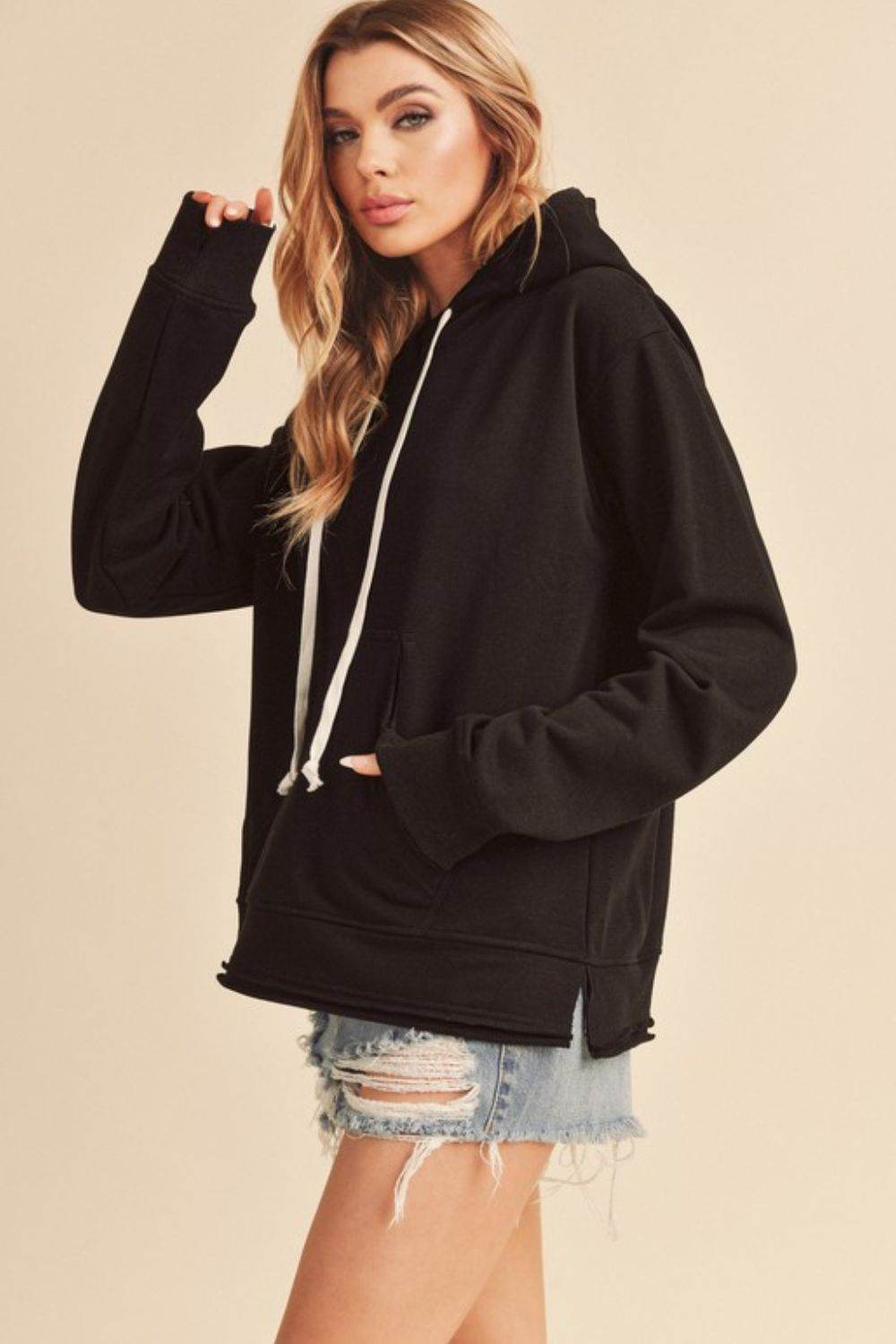 Aemi + Co Raw Hem Kangaroo Pocketed Drawstring Hoodie - us.meeeshop