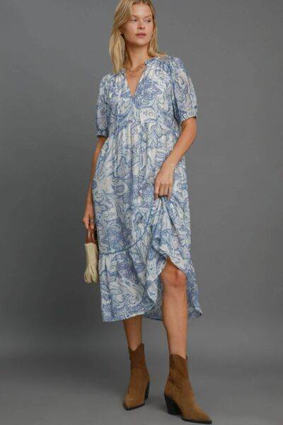 Umgee Printed Puff Short Sleeve Midi Dress Plus Size - us.meeeshop