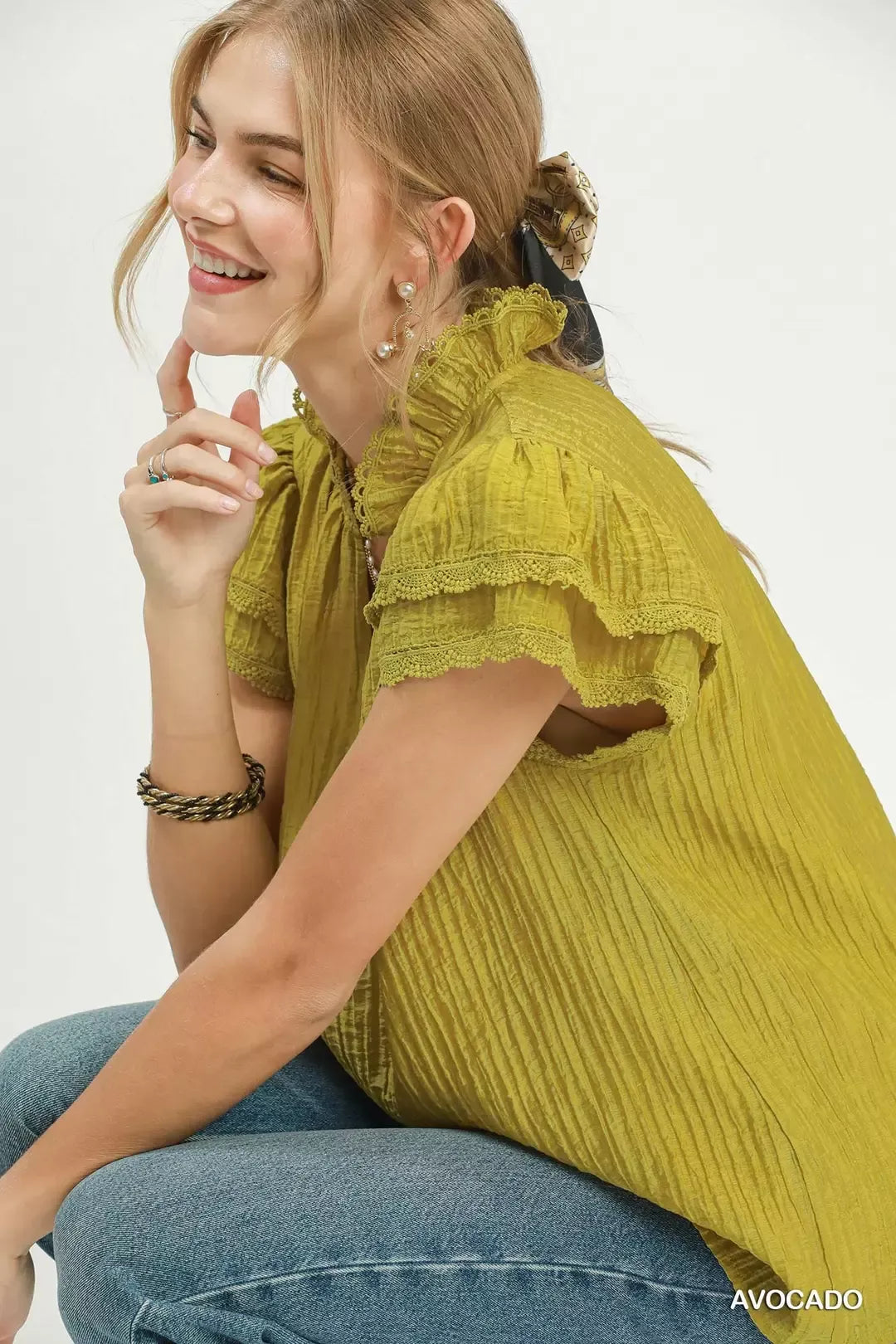 umgee lace trim Umgee Lace Trim Ruffle Top view 5 (top) - shop at us.meeeshop