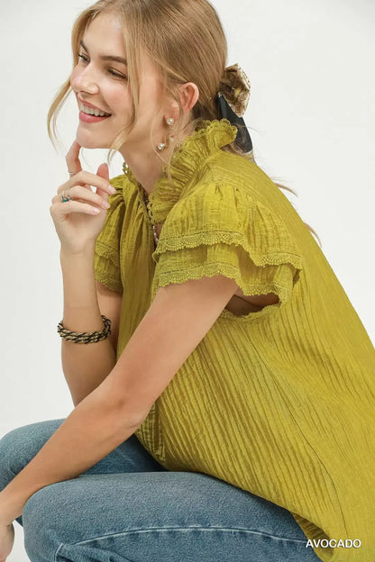 umgee lace trim Umgee Lace Trim Ruffle Top view 5 (top) - shop at us.meeeshop