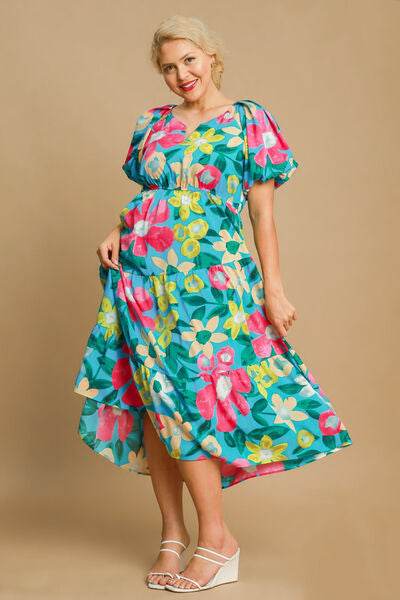 Umgee Tiered Floral Print Notched Puff Sleeve Midi Dress Plus Size - us.meeeshop