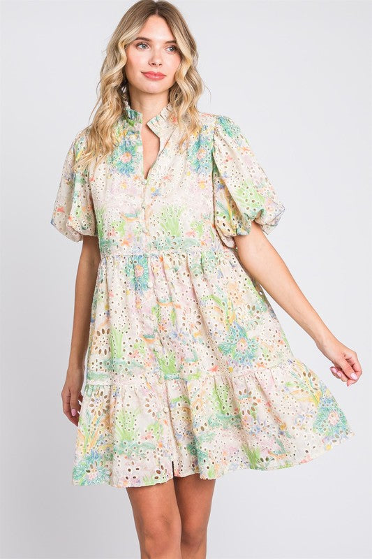 GeeGee Floral Eyelet Lace Puff Sleeve Mini Dress - us.meeeshop