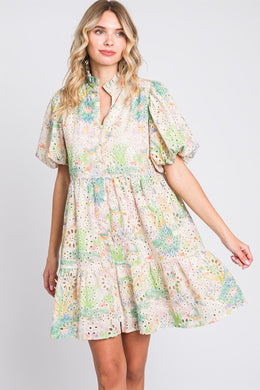 GeeGee Floral Eyelet Lace Puff Sleeve Mini Dress