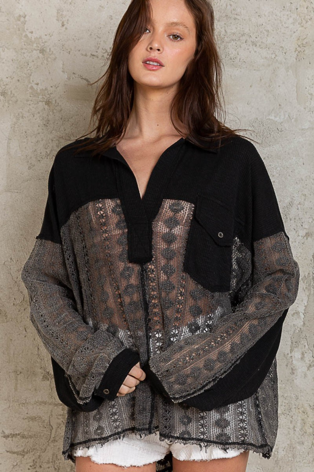 POL Johnny Collar Long Sleeve Lace Blouse | us.meeeshop