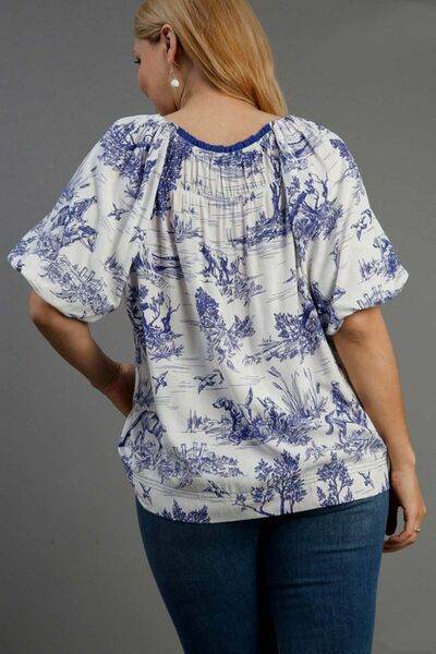 Umgee Two Tone Landscape Round Neck Print Top Plus Size - us.meeeshop